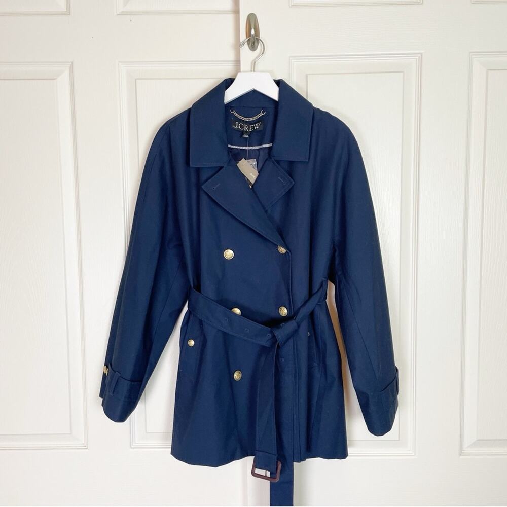 J.Crew Navy Trench Coat Water Repellent Cotton Belted NWT Sz L - Picture 2 of 12